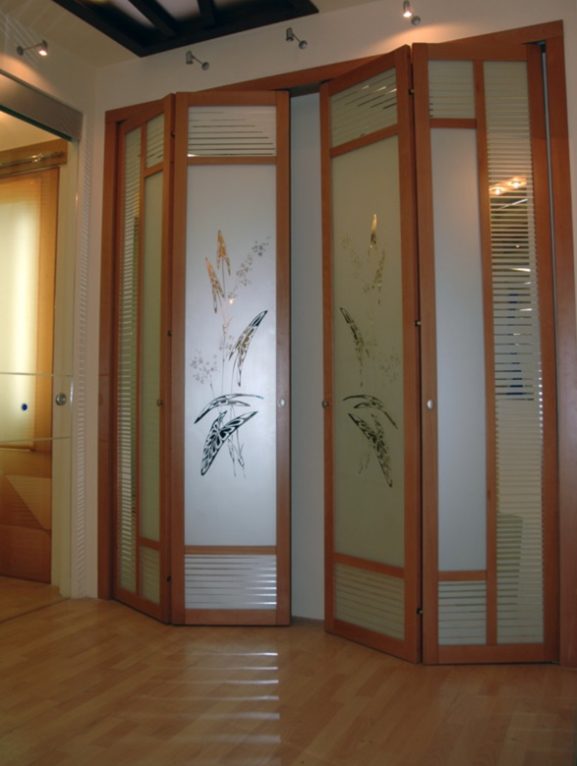Широкие двери гармошка с матовым стеклом и рисунком Грозный